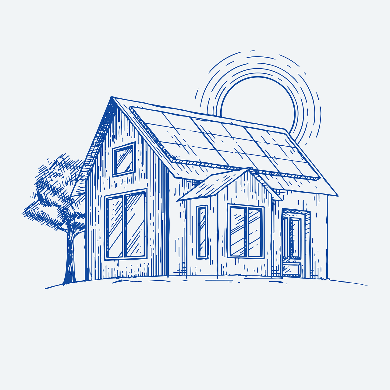 Piirros talosta aurinkopaneeleilla